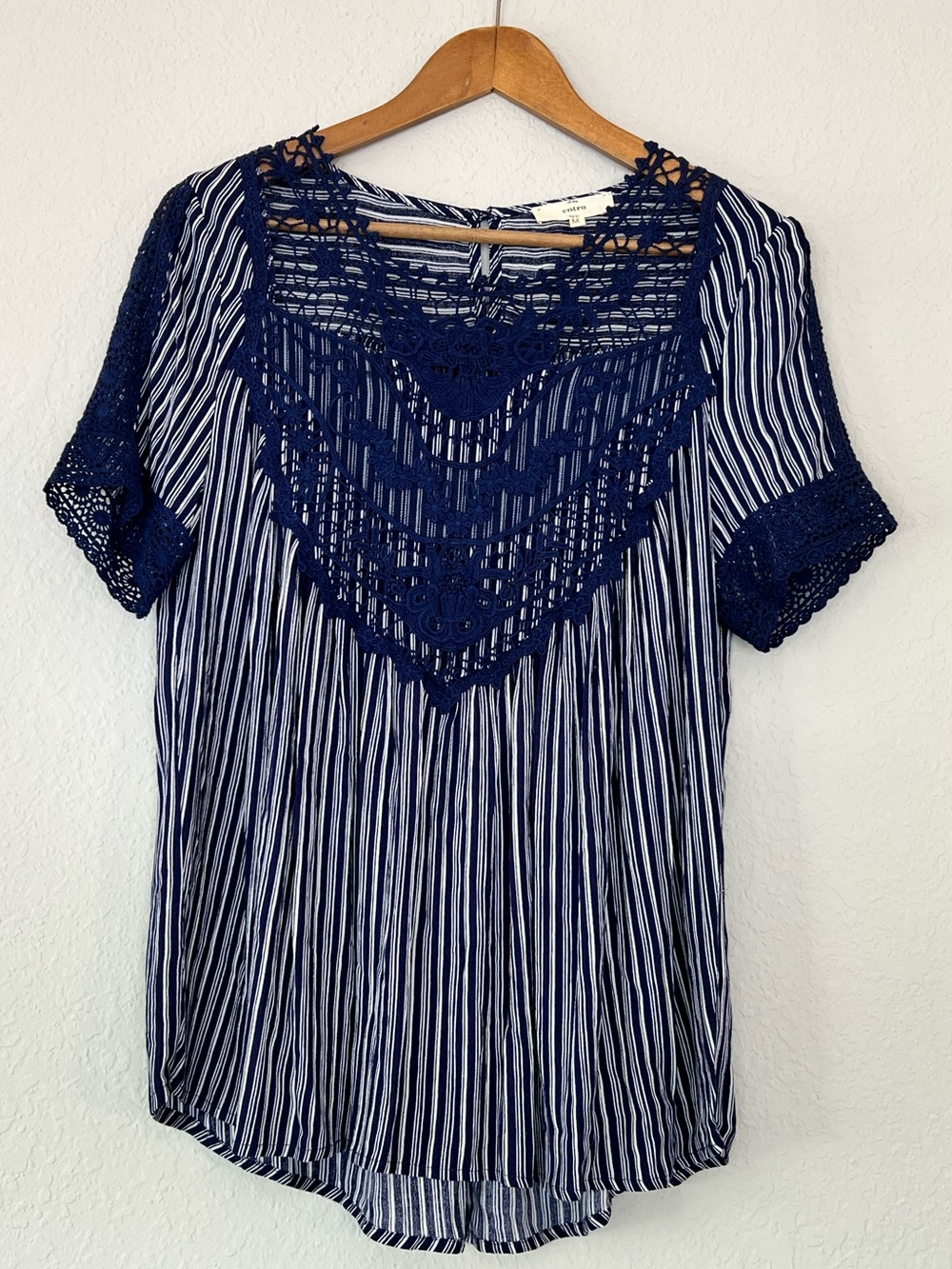 Entro Navy Blue Striped Crochet Lace Bodice Blouse Cottagecore Boho Costal M